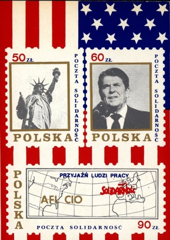 Неофициальная почтовая марка польской 'Солидарности', символизирующая поддержку движения  со стороны США